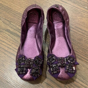 Tory Burch Azalea Crystal Bow Ballerina Flats Metallic Purple Leather Size 9